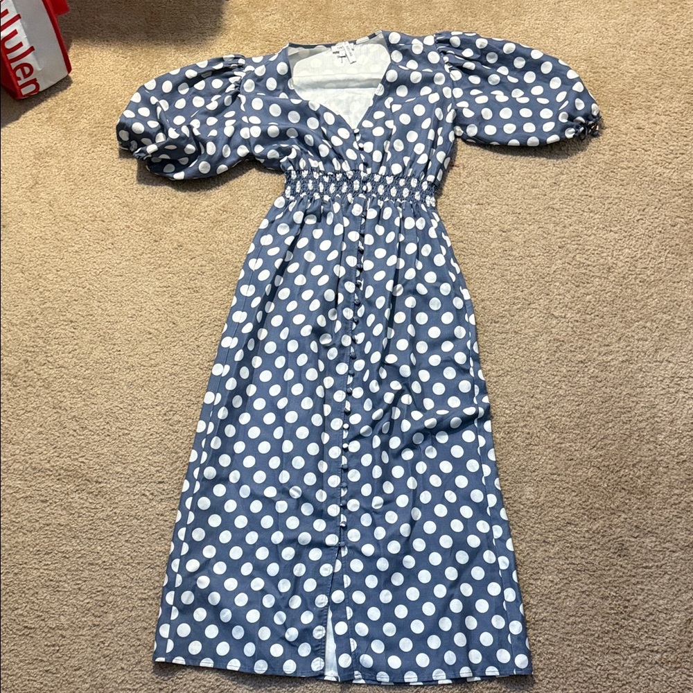 Tyler Boe Navy and White Polka Dot Maxi Dress